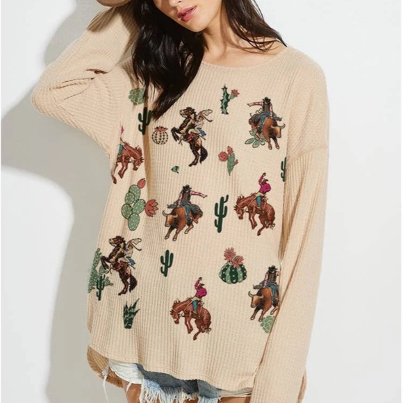 NWT Cowboy Western Waffle Texture Soft Top - Picture 2 of 3